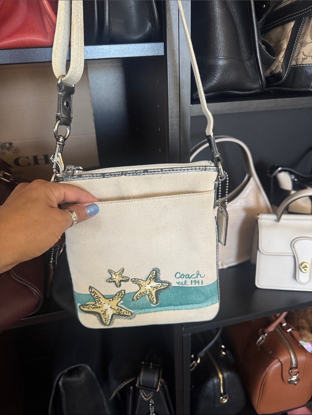 Coach Canvas Crossbody Bag in Cream and Teal with Starfish Motif
